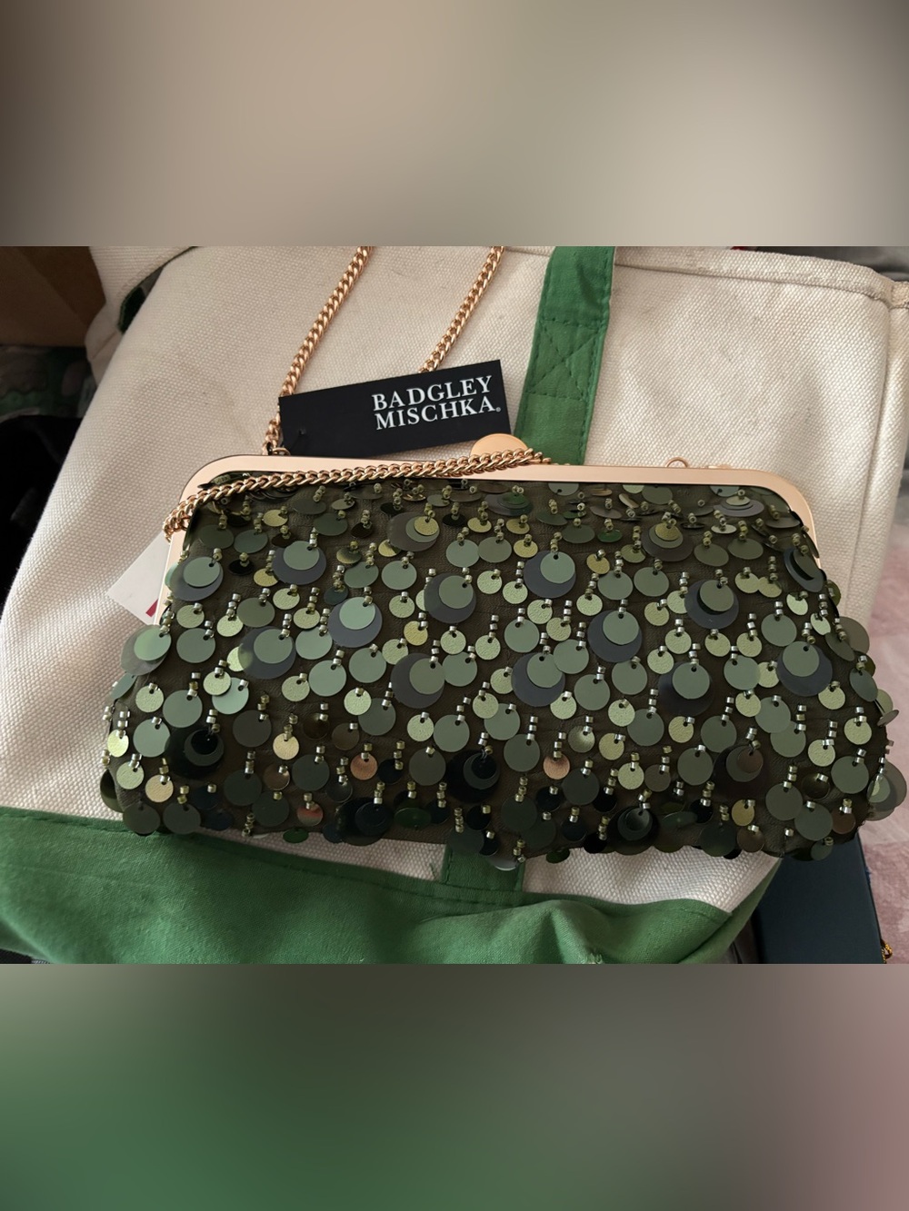 Badgley Mischka Olive Green Sequin Chain Clutch